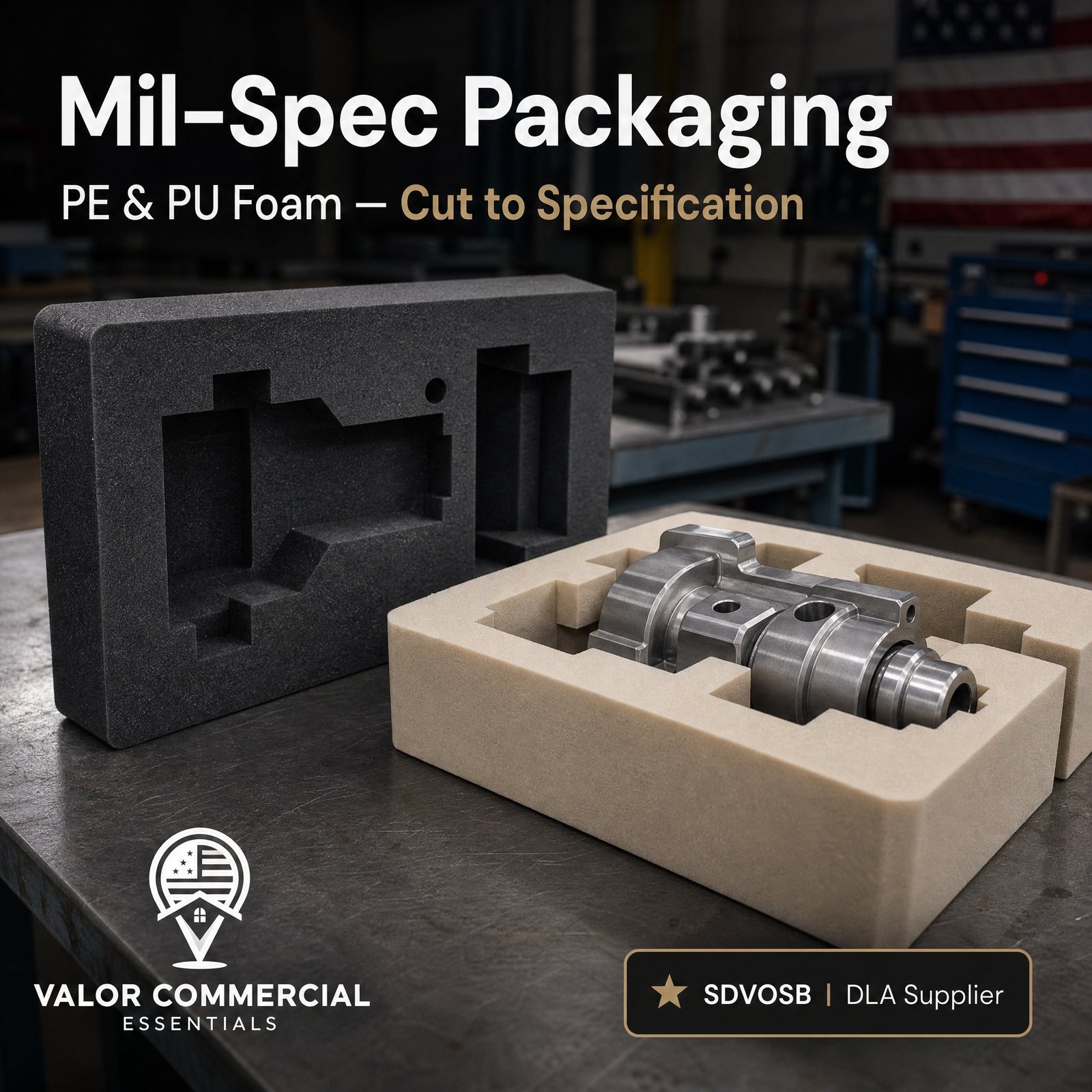 Valor mil-spec packaging — polyethylene and polyurethane foam cut to specification