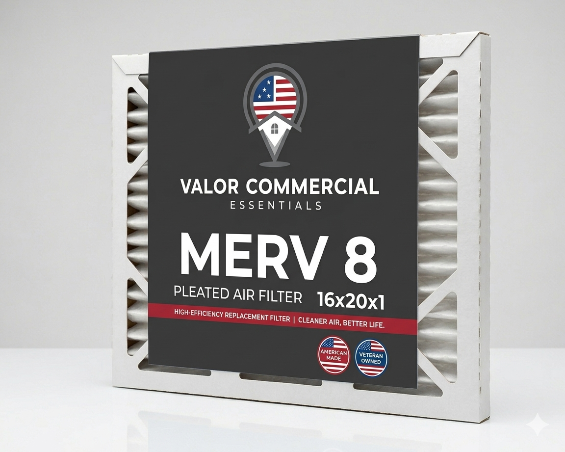 Valor Commercial Essentials Premium MERV 8 air filter 16x20x1 product with branded face card